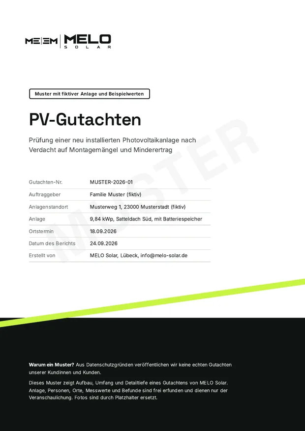 Mustergutachten, Deckblatt: PV-Gutachten nach Verdacht auf Montagemängel, gekennzeichnet als Muster mit fiktiver Anlage